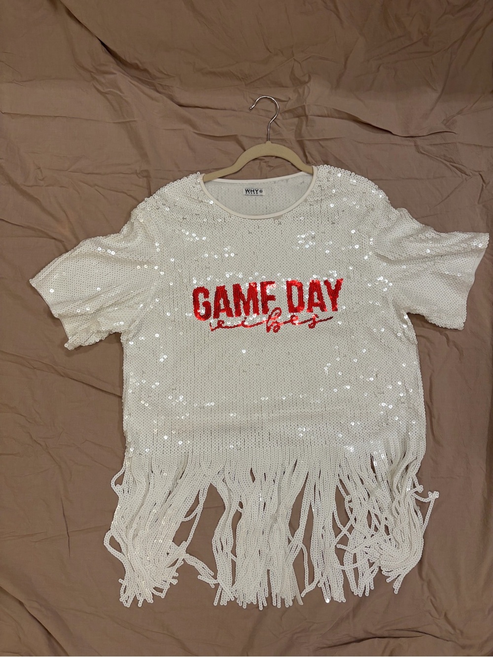 White Sequin 'Game Day Vibes' Fringe Top